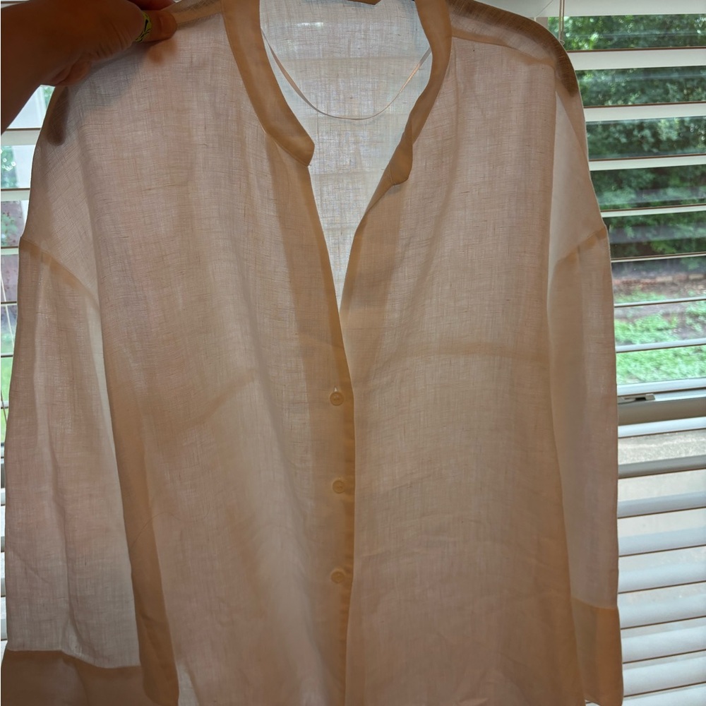 Zara white linen Sheer Blouse, beach Tunic with buttons, fun summer vacation